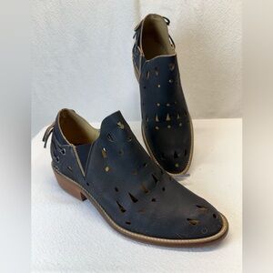 Laser Cut Outs and Corset Style Lace Up on Back Dark Grey Leather Ankle Boots S9